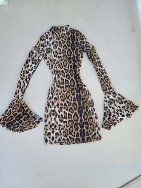 Leopard Print Sexy Bodycon Dress Long Flare Sleeve High Neck Animal Mini Dress